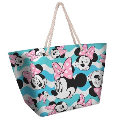 Mala de praia colorida com padrão Minnie e alças de corda