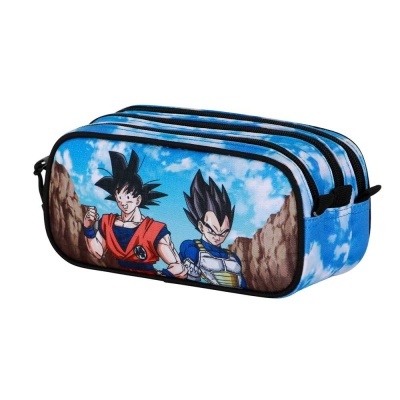 Estojo escolar azul com personagens Goku e Vegeta do Dragon Ball