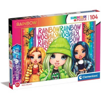 Caixa de puzzle Rainbow High com três personagens coloridas, borboletas e texto Rainbow