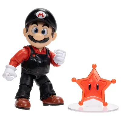 Figura articulada de personagem com fato preto e estrela laranja translúcida