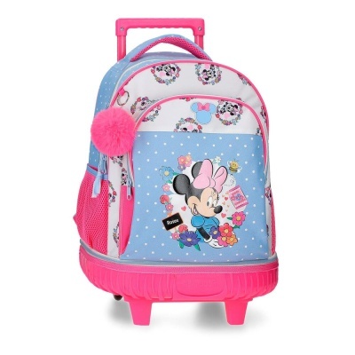 Mochila infantil azul e rosa com estampa da Minnie e rodas.