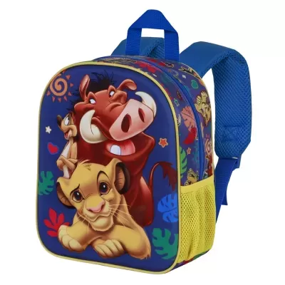 Mochila infantil do Rei Leão com alças azuis e bolso lateral amarelo em rede