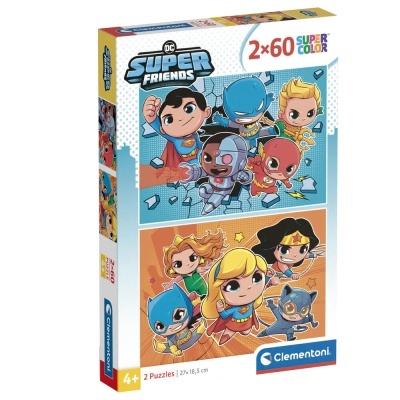 Caixa de puzzles DC Super Friends com 2x60 peças, personagens desenhados coloridos