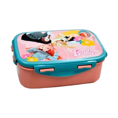 Marmita de plástico rosa com tampa azul e imagem da Barbie.