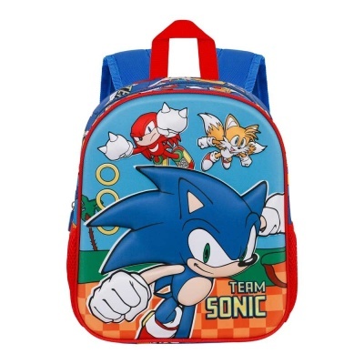 Mochila infantil azul e vermelha com personagens Sonic, Knuckles e Tails e texto TEAM SONIC