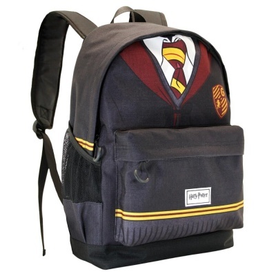 Mochila cinzenta e preta com padrão uniforme Harry Potter e bolso frontal