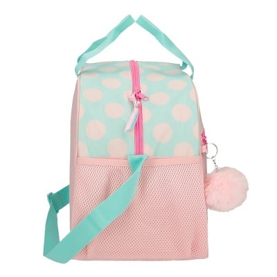 Mala térmica azul e rosa com bolinhas, zíper rosa e pendente peluche cor-de-rosa