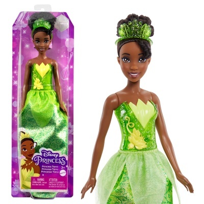 Boneca Princesa Tiana da Disney com vestido verde em embalagem rosa