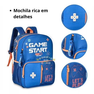 Mochila azul para crianças com detalhes laranja e texto de videojogos