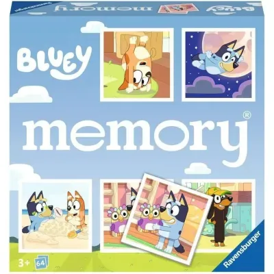 Caixa do jogo de memória Ravensburger Bluey com 64 peças para crianças a partir de 3 anos.