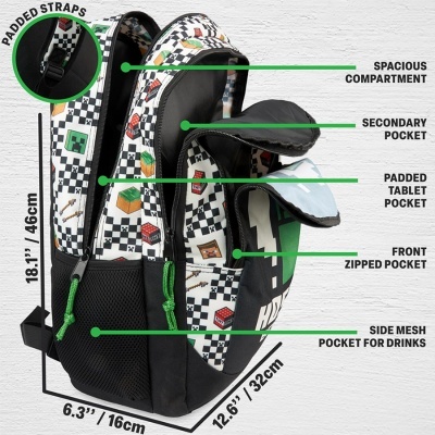 Mochila com vários bolsos, padrão pixelizado e alças acolchoadas