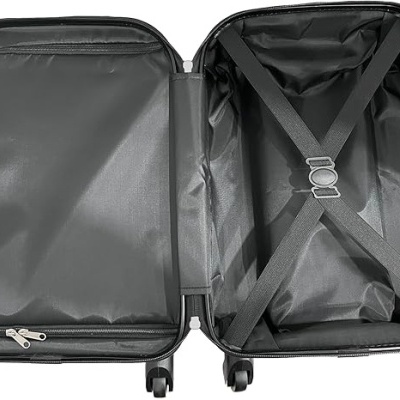 Mala de viagem rígida preta aberta com interior forrado e cintas internas.