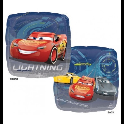 Balão com personagens do filme 'Cars' em azul e vermelho.