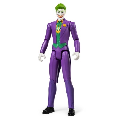 Boneco articulado do Joker com fato roxo e cabelo verde.