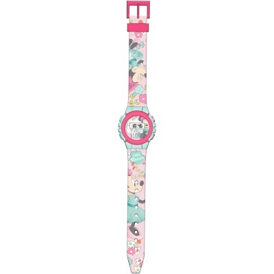 Relógio digital infantil rosa e azul com personagens Disney no bracelete