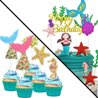 Cupcakes com decoração de sereia e bolo com figura de sereia e 'Happy Birthday'