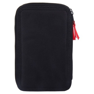 Estojo preto retangular em tecido com fecho de correr e pegas vermelhas