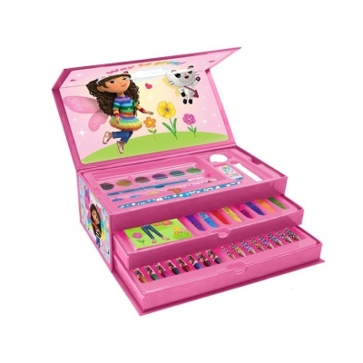 Estojo cor-de-rosa com material escolar colorido e ilustração de menina e gato