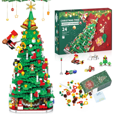 Calendário do advento árvore de Natal em peças tipo LEGO com embalagem colorida e vários acessórios
