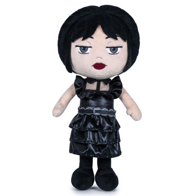 Boneca de pelúcia com vestido preto e cabelo curto preto