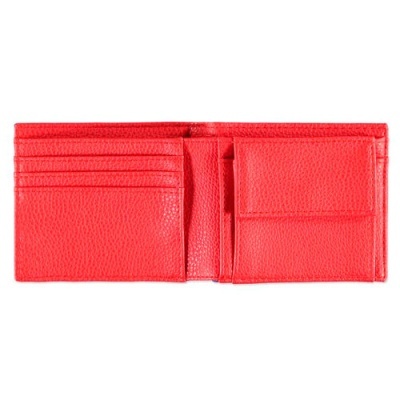 Carteira vermelha de pele aberta mostrando compartimentos