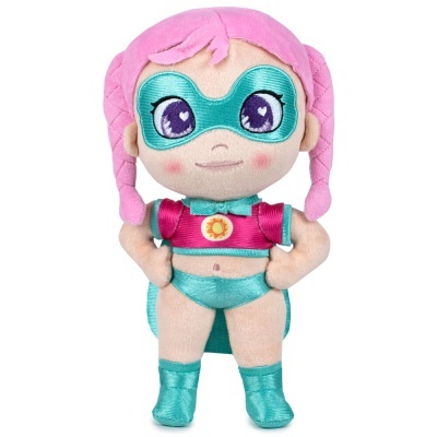 Boneca de pelúcia super-heroína com cabelo rosa e máscara azul