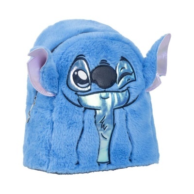 Mochila azul peluda com rosto do Stitch e orelhas lilás salientes