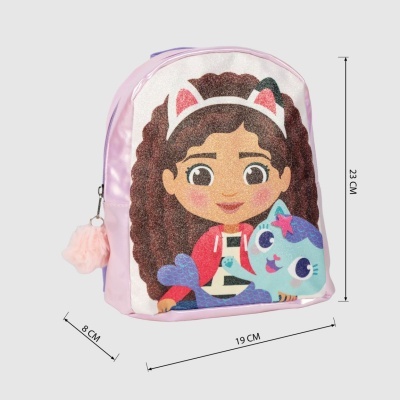 Mochila infantil rosa com desenho de menina e personagem azul