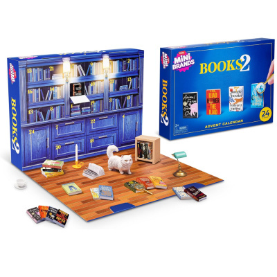 Calendário do advento com miniaturas de livros e acessórios de estante azul