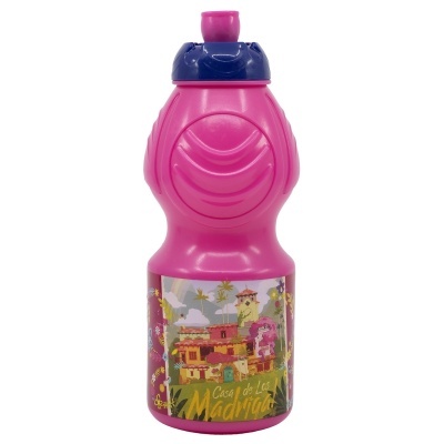 Garrafa desportiva rosa com rótulo ilustrado e tampa azul