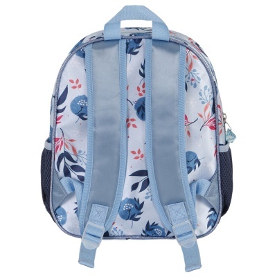 Mochila azul clara com padrão floral e alças almofadadas azuis