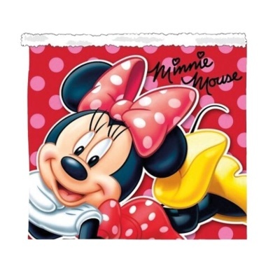 Toalha com estampa da Minnie Mouse, vermelha com bolinhas brancas e texto 'Minnie Mouse'