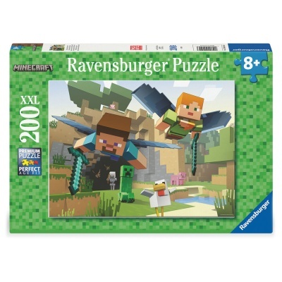 Embalagem de quebra-cabeças Ravensburger Minecraft 200 peças XXL com personagens Minecraft e ambiente pixelado.
