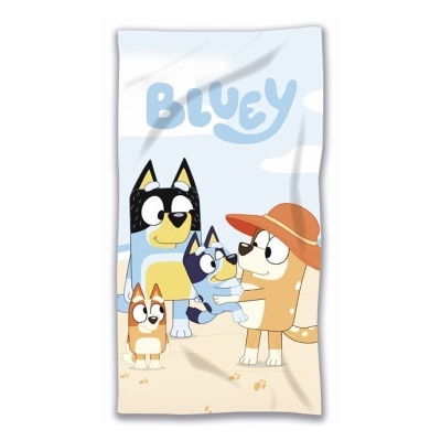 Toalha com personagens do desenho animado Bluey e texto BLUEY