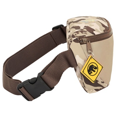 Bolsa camuflada bege e castanha com fecho e etiqueta de dinossauro