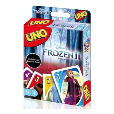 Embalagem de jogo de cartas UNO Frozen II da Disney com cartas coloridas e personagens do filme