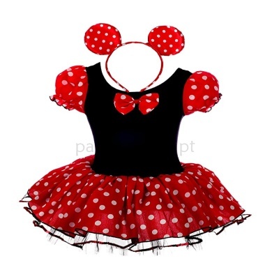 Vestido de menina com padrão vermelho e branco de bolinhas, estilo Minnie