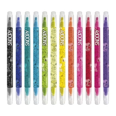 Marcadores coloridos com design Snoopy e tampas transparentes