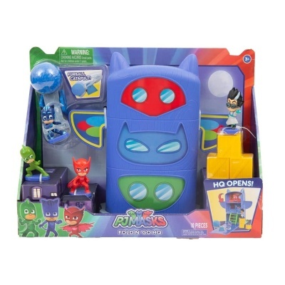 Brinquedo PJ Masks Fold N Go HQ com figuras e acessórios coloridos em embalagem