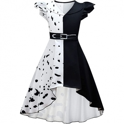 Vestido assimétrico preto e branco com padrão de manchas e cinto preto