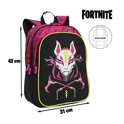 Mochila Fortnite com máscara e katanas em padrão rosa e preto