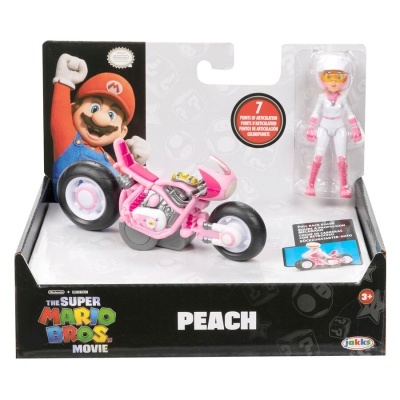 Boneca Peach com moto rosa da Super Mario Bros, em embalagem preta com texto