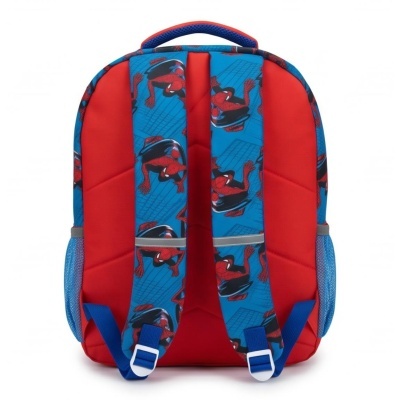 Mochila vermelha com alças azuis estampadas do Homem-Aranha