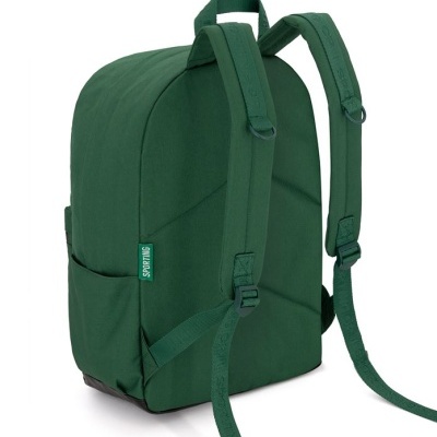 Mochila verde escura vista de trás com alças ajustáveis e etiqueta Sports