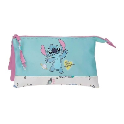 Estojo escolar azul claro e branco com ilustração do Stitch e texto