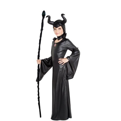 Fantasia infantil Malévola preta com vestido longo e cajado