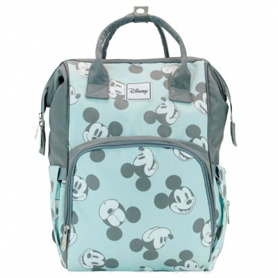 Mochila Disney azul claro com padrão de faces do Mickey Mouse cinza
