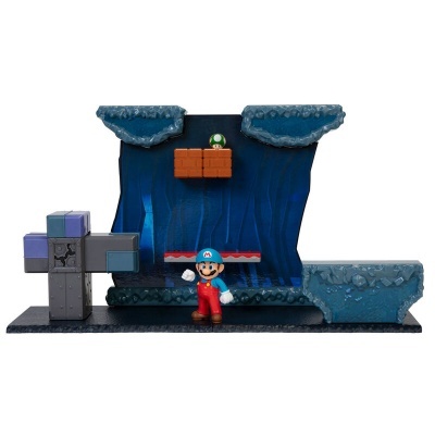 Figura de Mario com cenário azul e plataforma com bloco