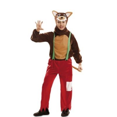 Menino com fato de raposa castanho, bege e vermelho com máscara e suspensórios