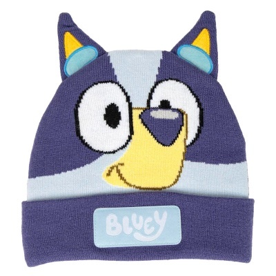 Gorro infantil azul com rosto do personagem Bluey e nome estampado